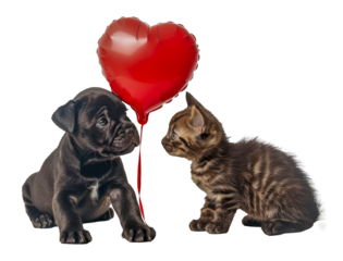Affectionate puppy and kitten holding red heart, cut out - stock png.