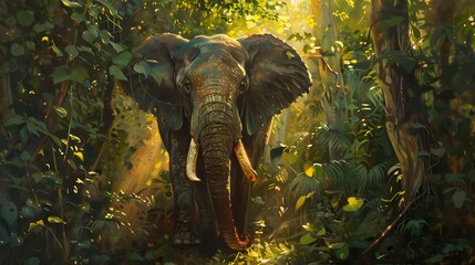 A majestic elephant standing in the dappled sunlight of a dense forest,4k wallpaper
