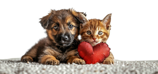 Puppy and kitten with red heart balloon, cut out - stock png.