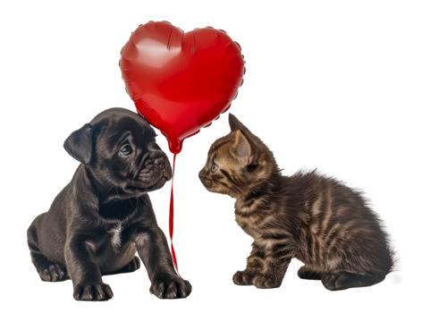Affectionate puppy and kitten holding red heart, cut out - stock png. - Powered by Adobe