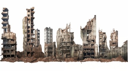 Set of ruined skyscrapers isolated on white background.