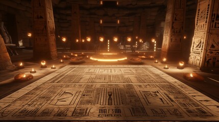 Obraz premium Set of sacred symbols and ornaments of ancient Egypt. Image of inside an ancient Egyptian pyramid, with various artifacts on the ground and heliographs on the walls.