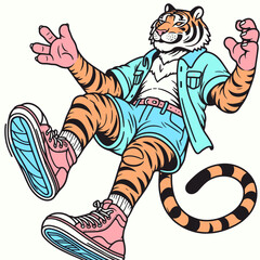 Naklejka premium A cartoon tiger wearing clothes and sneakers is jumping in the air with its arms and legs spread out.