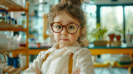 portrait of a 4-year-old girl with glasses on the background of a laboratory. The concept of preschool education. Science ads for the youngest children