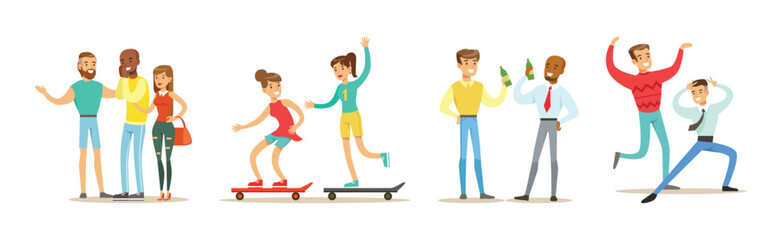 Young Man and Woman Friends Spend Time Together Vector Set