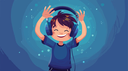 Little boy in headphones dancing on blue background Vector