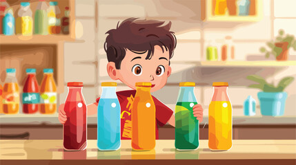 Little boy with bottles of juice at home closeup Vector
