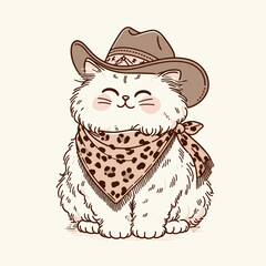 A cute cartoon cat wearing a cowboy hat and a leopard print scarf.