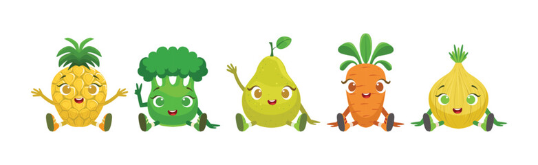 Funny Fruit and Vegetable Sit with Smiling Face Vector Set