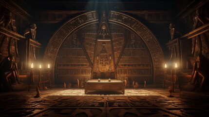 Set of sacred symbols and ornaments of ancient Egypt. Image of inside an ancient Egyptian pyramid, with various artifacts on the ground and heliographs on the walls. Treasure of ancient Egypt.