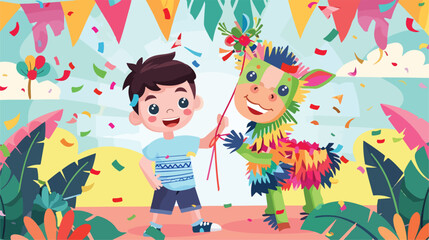 Little boy with Mexican pinata on color background Vector