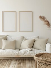 Frame mockup, simple and modern sofa home interior design background, wall poster frame mockup, 3d rendering