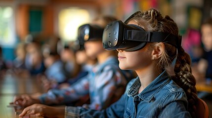 VR educational software, bright classroom light, side angle, learning in action