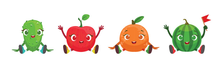 Funny Fruit and Vegetable Sit with Smiling Face Vector Set