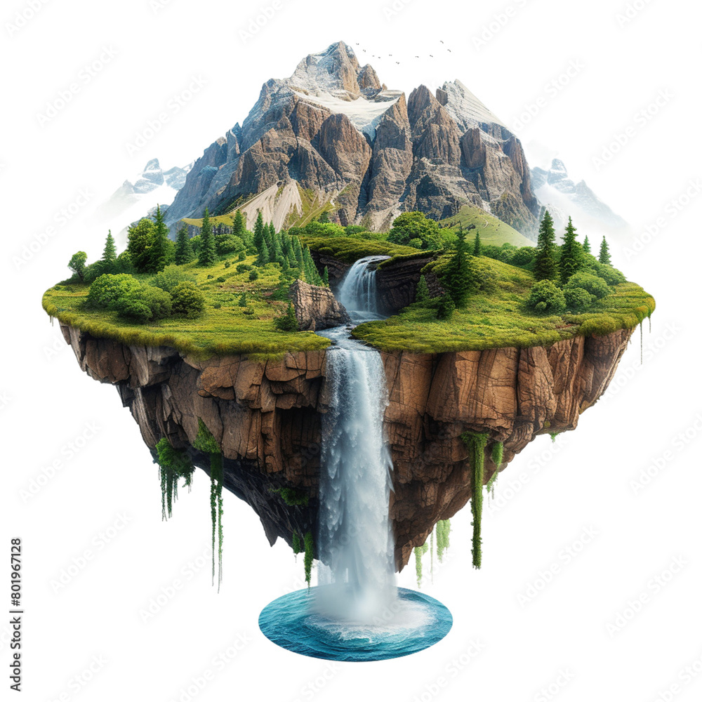 Wall mural 3d illustration of flying paradise rock floating island