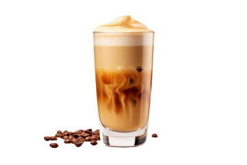 Caffeine Symphony: A Tall Glass Brimming With Liquid Gold and Coffee Beans. On a White or Clear Surface PNG Transparent Background.