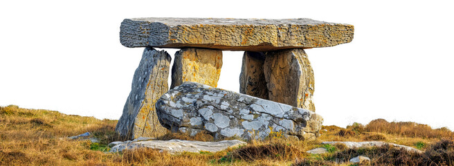Ancient dolmen stones in field, cut out - stock png.