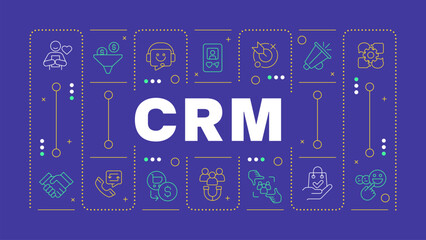 CRM blue word concept. Customer relationships. Email management, advanced analytics. Horizontal vector image. Headline text surrounded by editable outline icons. Hubot Sans font used