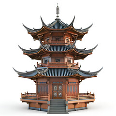 Fototapeta premium A tall red and white building with a pointed roof. The building is a pagoda and has a lot of windows. Generative AI