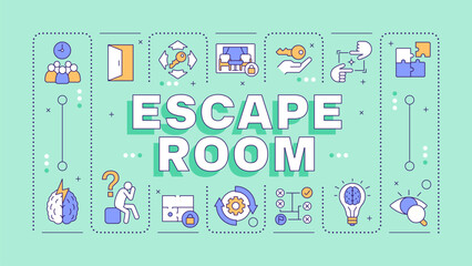 Escape room mint word concept. Outdoor family entertainment. Creative problem solving. Typography banner. Vector illustration with title text, editable icons color. Hubot Sans font used