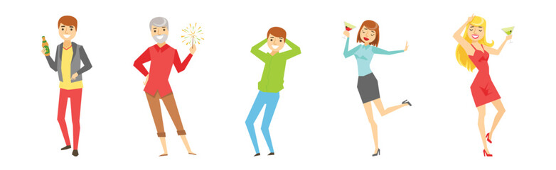 Cheerful Man and Woman Character Celebrate Something Vector Set