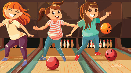 Little girls playing bowling in club Vector illustration
