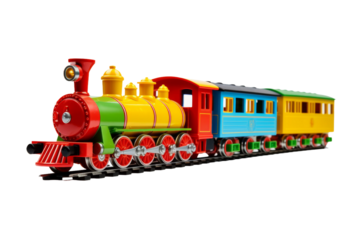 The Rainbow Ride: A Vibrant Toy Train Journeying on a Blank Canvas. On a White or Clear Surface PNG Transparent Background.