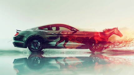 Double Exposure of a Car and a Horse Running Overlay an image of a sleek car with a horse running, symbolizing power, freedom, and endurance, key attributes often used in car marketing