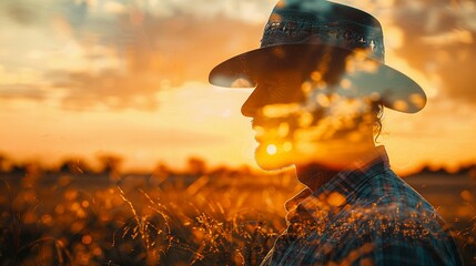 Double Exposure of a Farmer and DroughtAffected Land Blend an image of a farmer with a backdrop of droughtstricken land, highlighting the challenges and emotional stress of farming