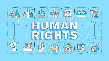 Human rights blue word concept. Social justice, federal government. Individuals equality. Typography banner. Vector illustration with title text, editable icons color. Hubot Sans font used