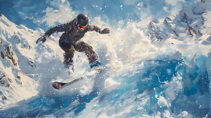 Snowboarder Navigating Through a Terrain Park Launching Off Jumps and Performing Tricks Over Pools of Melted Snow