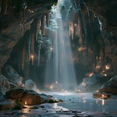 Explore the Enchanting Depths of a Mystical Cave Enveloped in Cascading Waterfalls and Primordial Wonder