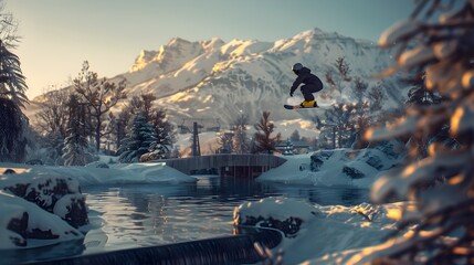 Snowboarder Navigating Terrain Park and Performing Aerial Stunts Amidst Snowy Mountain Landscape