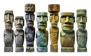 Colorful collection of Moai replicas, cut out - stock png.