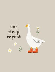 Cute goose. Adorable farm birds in different poses, funny characters and flowers. Childish print and poster, kids textile and nursery decor. Card with lettering vector cartoon isolated illustration