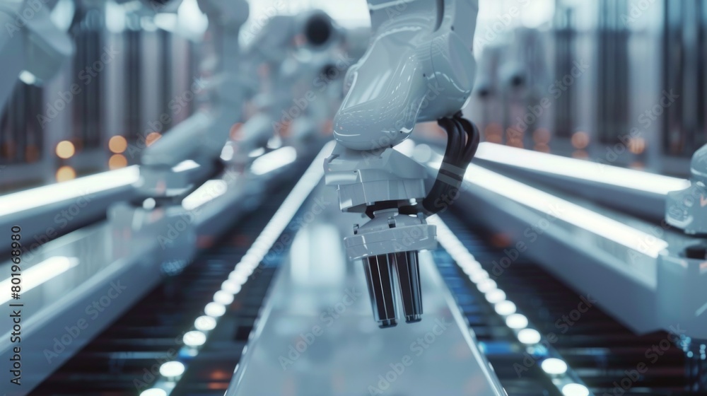 Poster a conveyor belt with a white robotic manipulator on an automated production line for components, spa