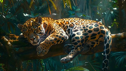 A regal jaguar lounging on a branch in a lush rainforest, 4k wallpaper