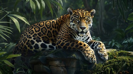 A regal jaguar lounging on a rock in the dense jungle, 4k wallpaper