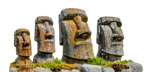 Multiple Moai statues on a grassy field, cut out - stock png.
