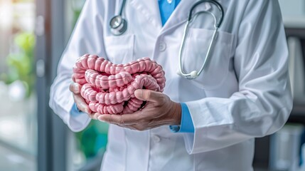 A physician holding a model of the colon, illustrating conditions such as colonic disease, colon cancer, and digestive issues.