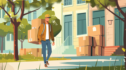 Male courier with parcels outdoors Vector illustration