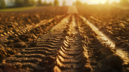 Close-up of tyre tracks on a freshly tilled farm field