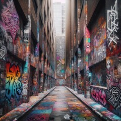 Dynamic and Striking Urban Graffiti Art in Metropolitan Backstreets. Thematic Urban Landscape Imagery, City Art, Vivid Wall Paintings, Exploration of Street Murals. Generative AI