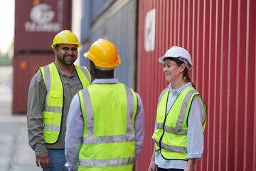 Foreman control loading containers box from cargo freight ship for import export, Foreman control industrial container cargo freight ship, Business logistic concept, Import and export concept