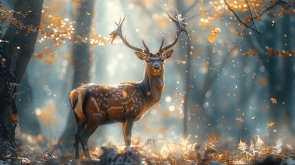 A graceful deer standing in the middle of a misty forest with sunlight filtering through the trees in the morning