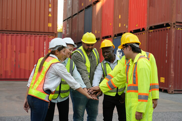 Foreman control loading containers box from cargo freight ship for import export, Foreman control industrial container cargo freight ship, Business logistic concept, Import and export concept