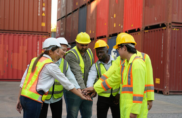 Foreman control loading containers box from cargo freight ship for import export, Foreman control industrial container cargo freight ship, Business logistic concept, Import and export concept