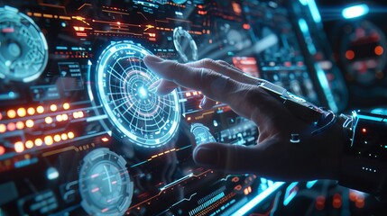 Futuristic Technology: Hand Touching Digital HUD Interface, Virtual Computer Screen Display UI Concept, Cyber Communication Hologram, VR Cyberspace Innovation - Cyber Communication and Innovation Inte
