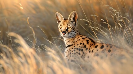 A secretive serval cat stealthily navigating through the tall grass of the African plain4k wallpaper - Powered by Adobe