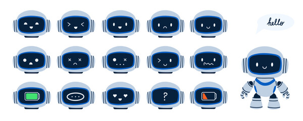 Robot emotions. Chatbot assistant emotions, cute ai symbol, tech mascot. Happy or sad funny face. Robotic machine high and low battery. Vector cartoon flat isolated smile character illustration